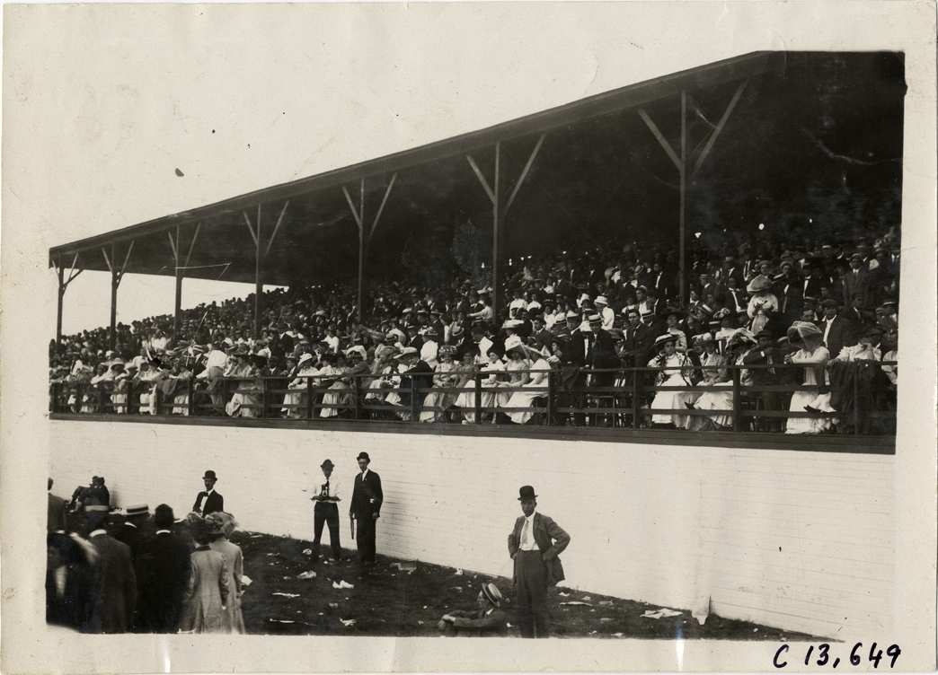 Spectators in grandstand, 1909 Indianapolis races