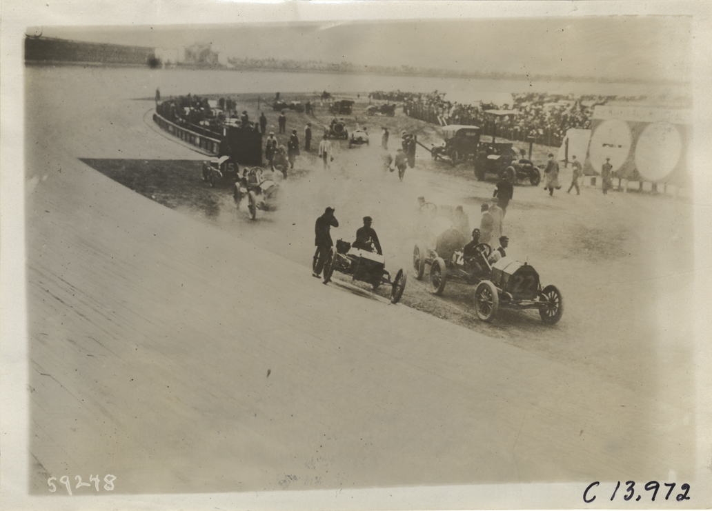 View of racetrack, 1910 Los Angeles races