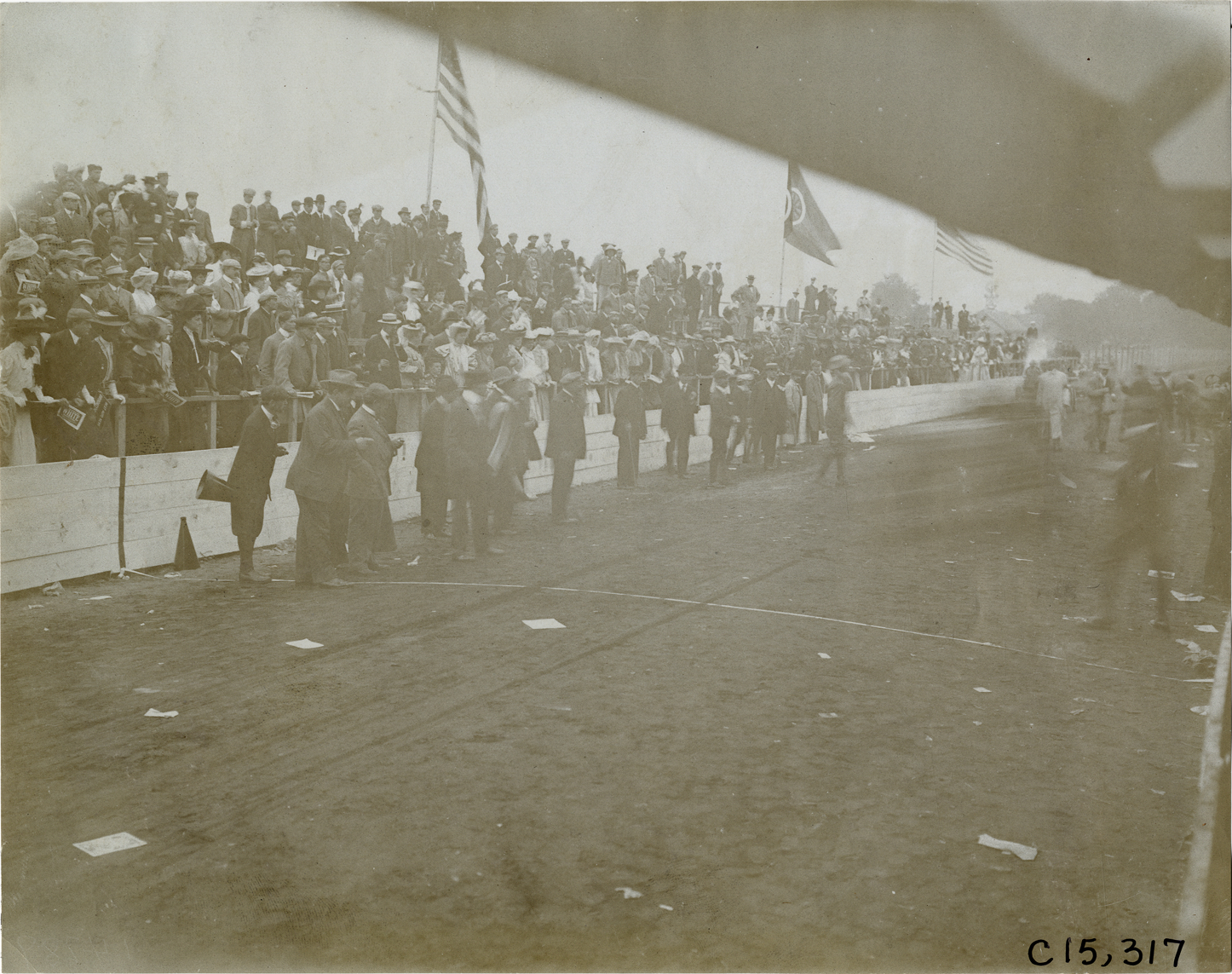 Officials in front of grandstand, 1906 Vanderbilt Cup races
