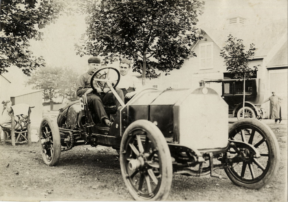 Herbert Lytle and passenger in Isotta-Fraschini racecar, 1908 ...