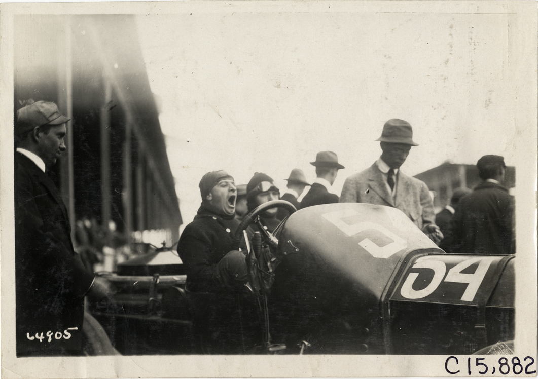 Racecar driver yawning, 1910 Vanderbilt Cup races
