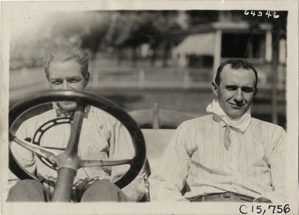 Driver and passenger in racecar, 1910 Vanderbilt Cup races