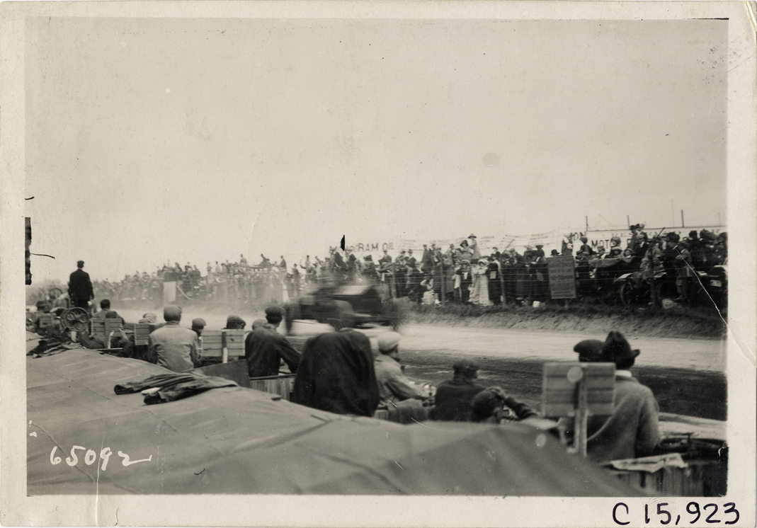 Driver and passenger in racecar, 1910 Vanderbilt Cup races