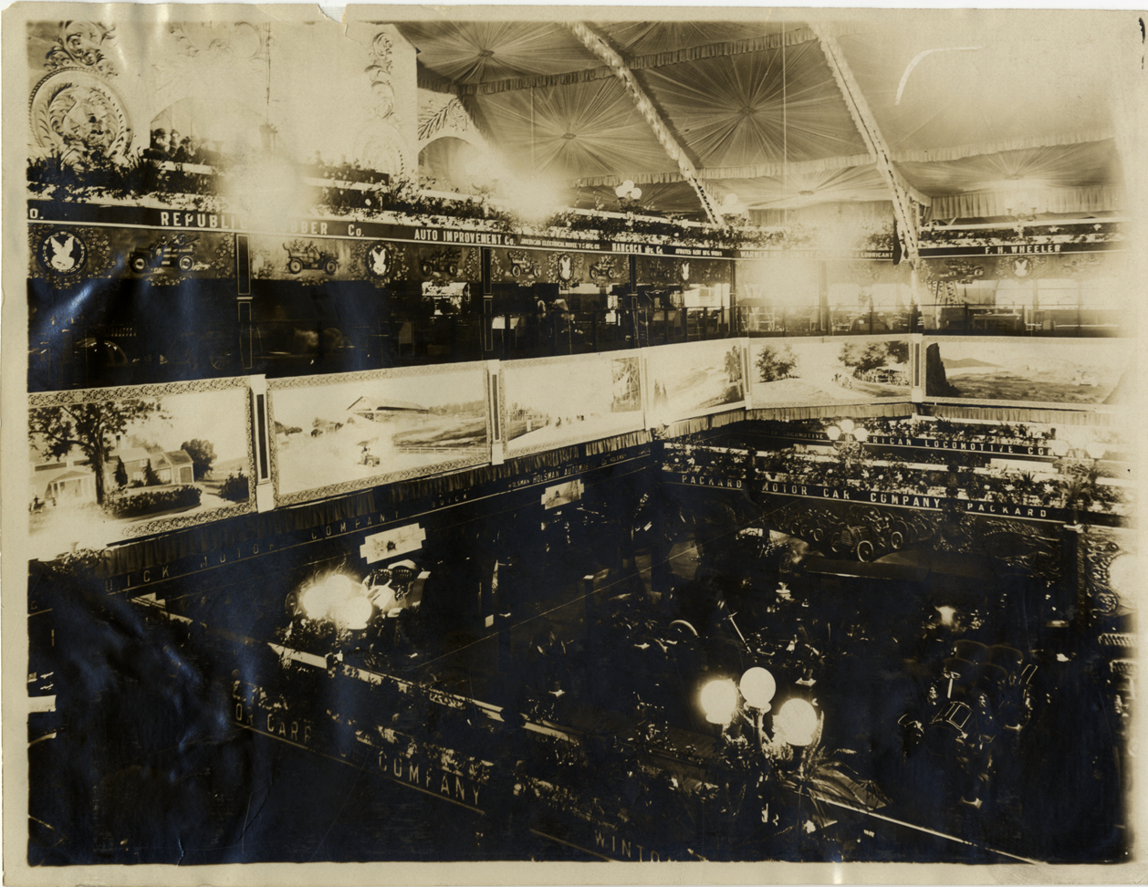 Nighttime view of exhibits, 1909 Chicago Auto Show