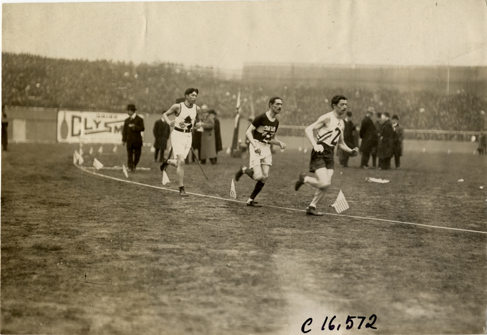Dorando Pietri leading Alfred Shrubb and Tom Longboat in marathon race