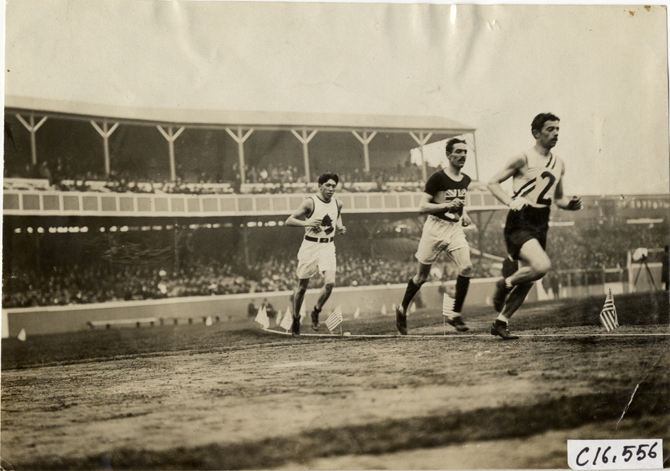 Dorando Pietri leading Alfred Shrubb and Tom Longboat in marathon race