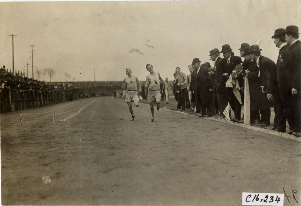 Runners competing in race at track and field event during the 1909 New Jersey Marathon