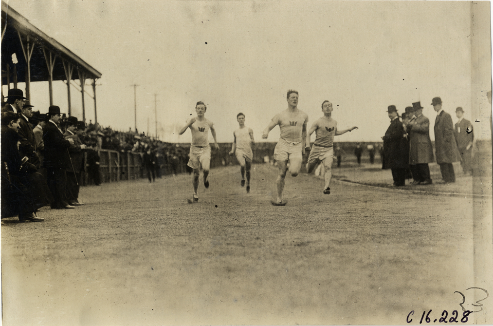 Runners competing in race at track and field event during the 1909 New Jersey Marathon