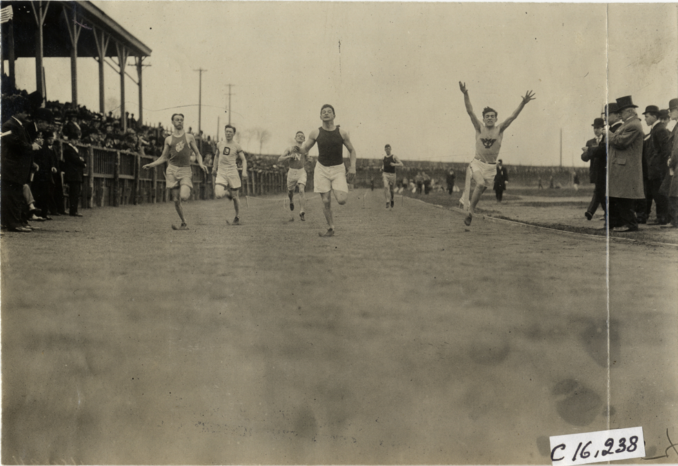 Runners competing in race at track and field event during the 1909 New Jersey Marathon
