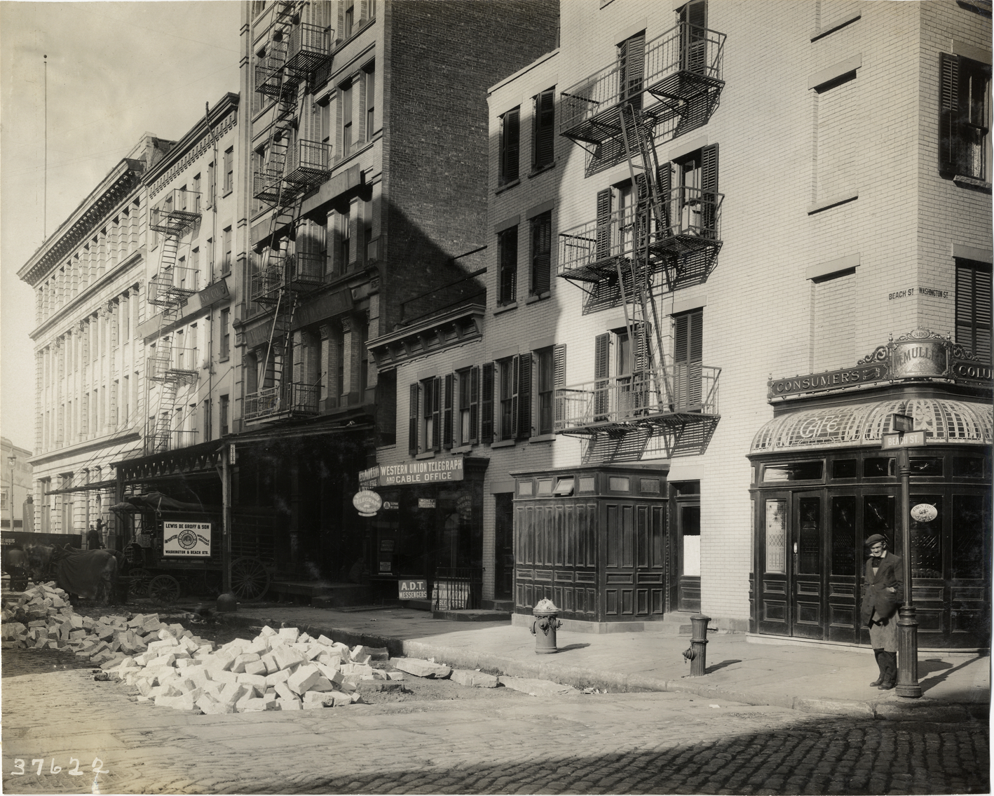 Buildings near corner of Washington and Beach Streets, New York