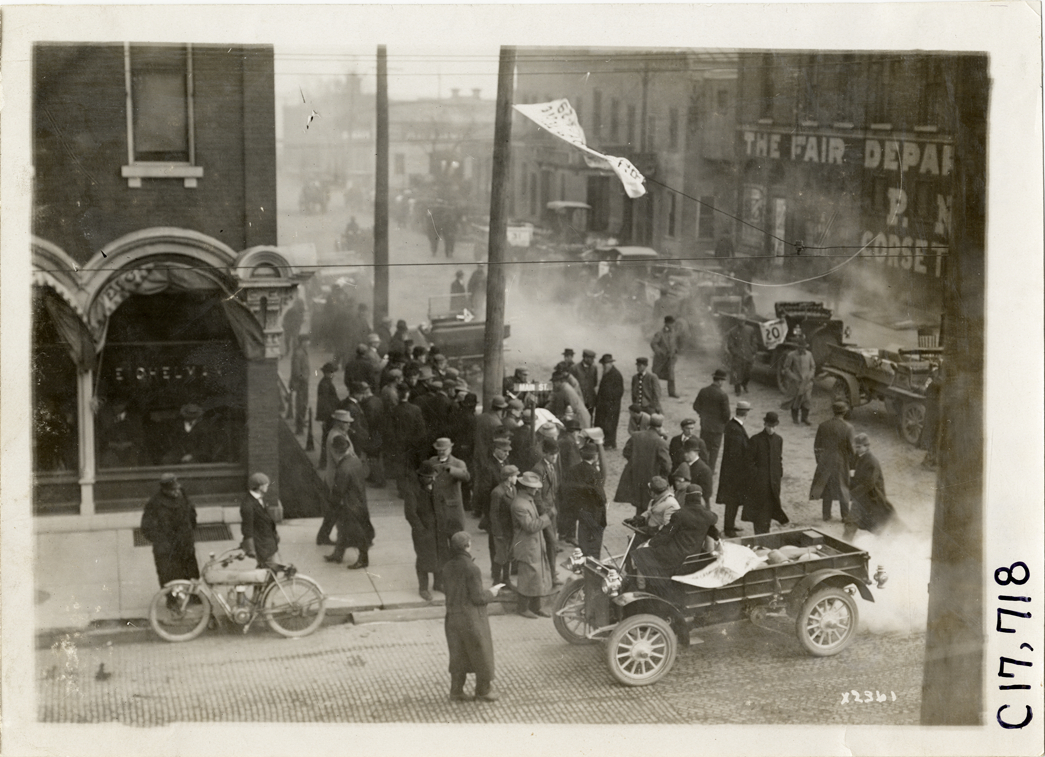 Trucks lined up in street at Kenosha, Wisconsin, 1910 Chicago Motor Truck Run