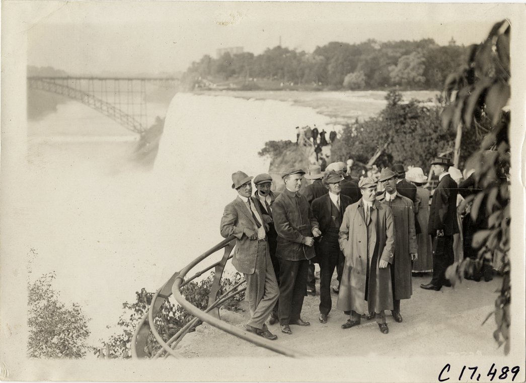Tourists on observation deck at Niagara Falls, 1911 Buffalo Reliability Run