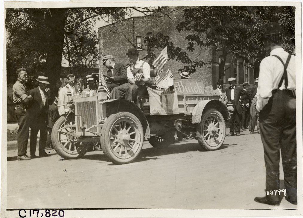 Chief Gadzic testing brakes of Buick truck, 1911 Chicago Reliability Run
