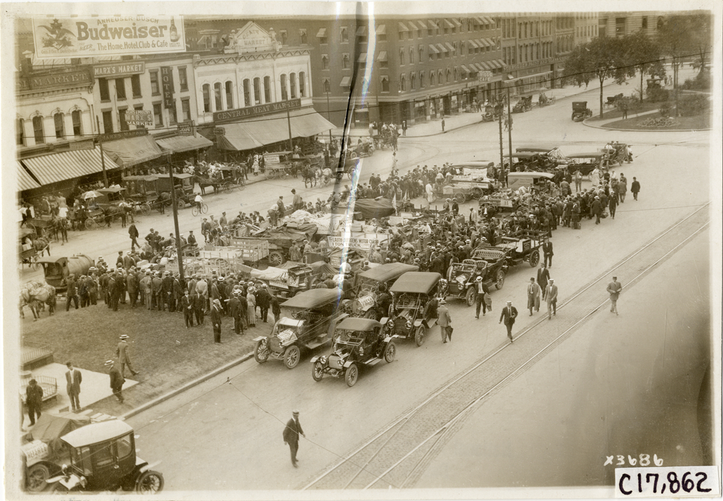 Trucks parked on street at Detroit, Michigan, 1911 Chicago Reliability Run