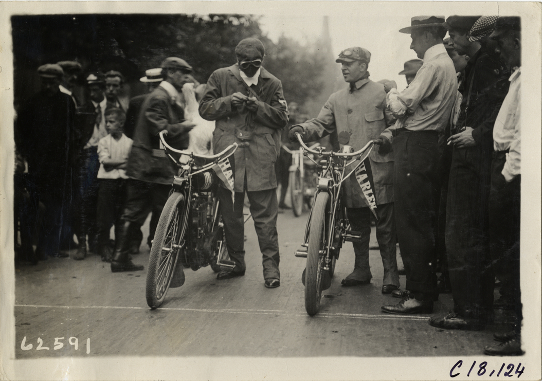 Motorcyclists standing with motorcycles, 1910 Federation of American Motorcyclists Endurance Run