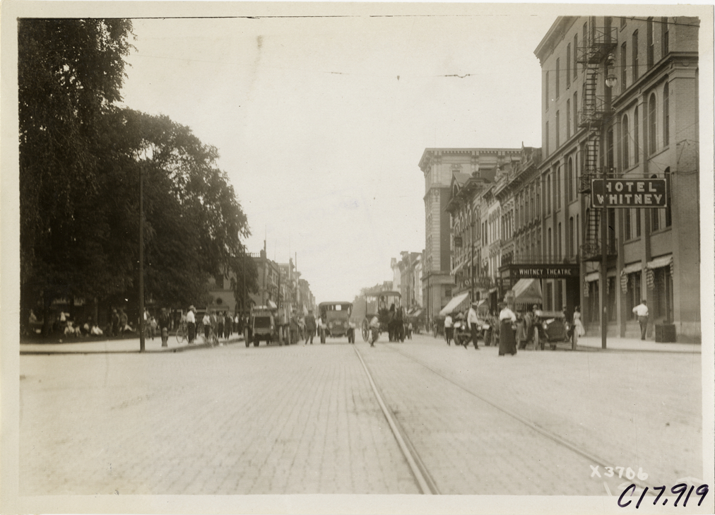 Trucks in street at Ann Arbor, Michigan, 1911 Chicago Reliability Run