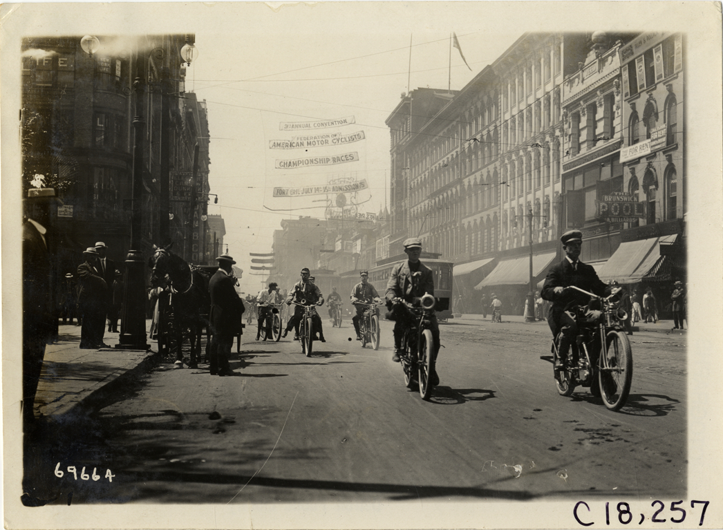 Men riding motorcycles, 1911 Federation of American Motorcyclists Tour