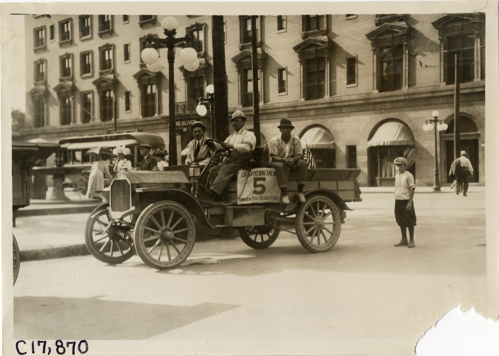Motorists in truck at South Bend, Indiana, 1911 Chicago Reliability Run