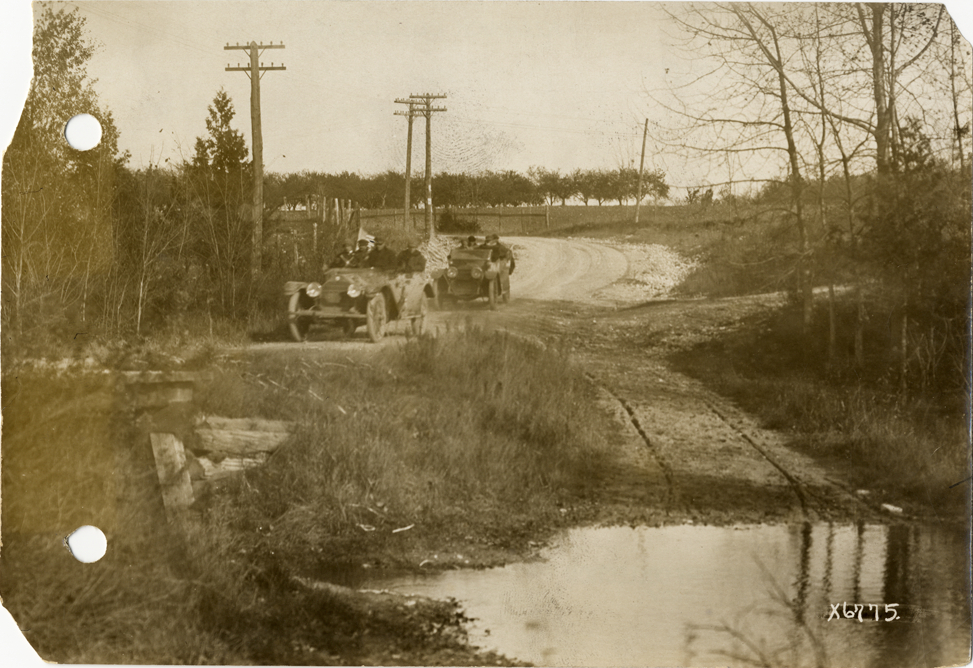 Staver and Abbott-Detroit automobiles on rural road near Charlevoix, Michigan, 1912 Chicago Reliability Run