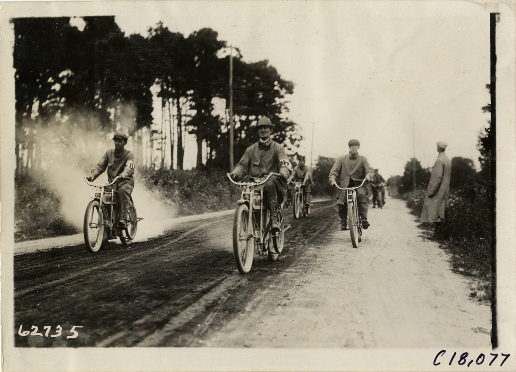Motorcyclists on rural road, 1910 Federation of American Motorcyclists Endurance Run