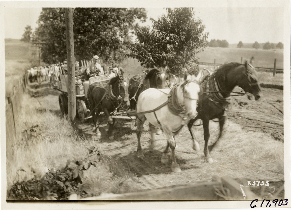 Horses towing truck on rural road, 1911 Chicago Reliability Run
