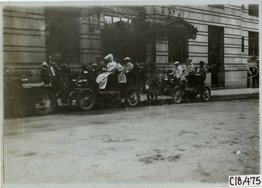 R.E. Olds and passengers in Reo automobile, 1905 Glidden Tour