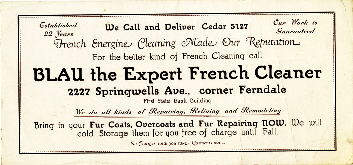 Advertising card for Blau the expert French cleaner
