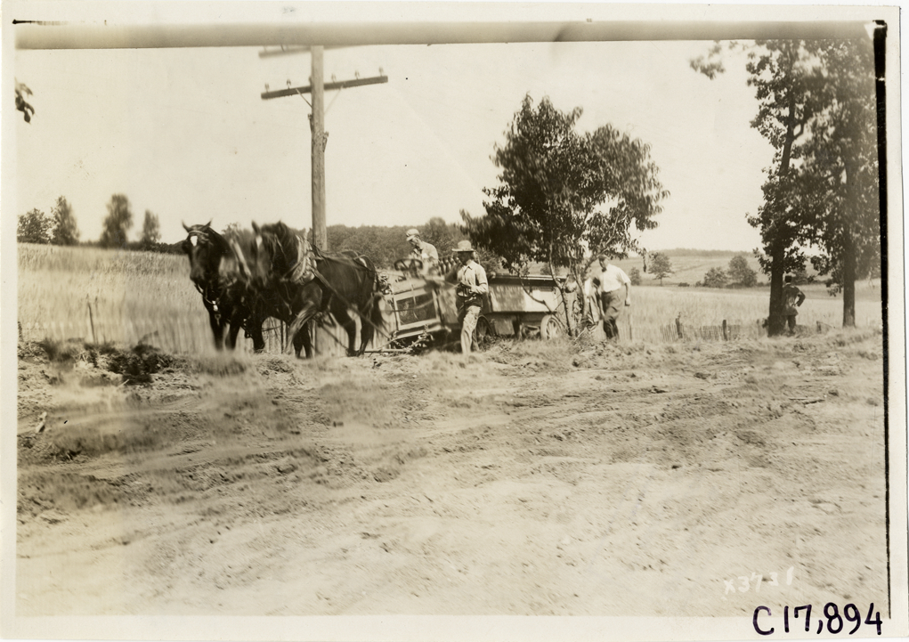Horses towing Gramm truck on rural road, 1911 Chicago Reliability Run