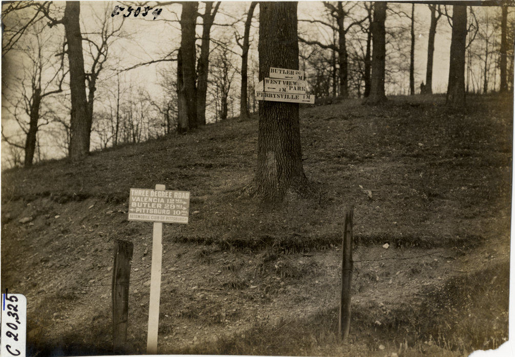 Signs on rural road, Pennsylvania, 1908 Glidden pathfinding expedition