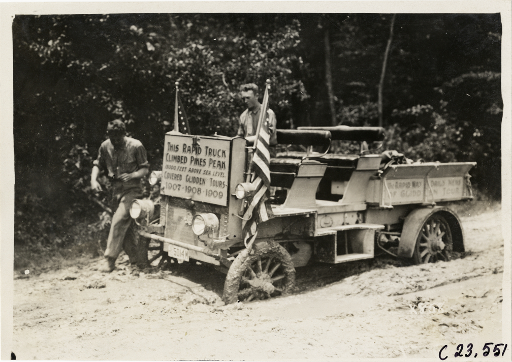 Rapid truck stuck on muddy road, 1910 Glidden Tour