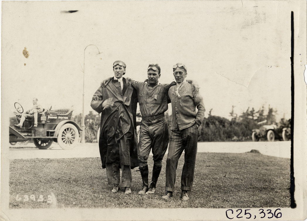 Three motorists posing on lawn, 1910 Munsey Historic Tour