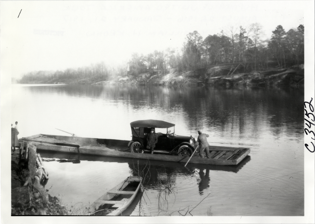 Automobile on river ferry, Hupmobile United American Tour