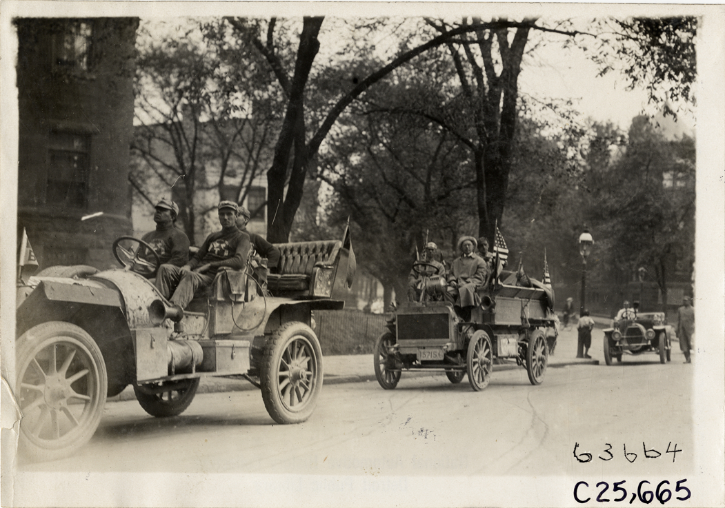 Motorists in automobile and Randolph truck, 1910 Munsey Historic Tour