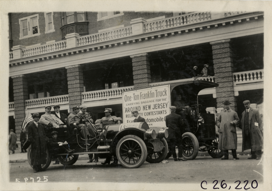 Motorists with Franklin automobile and truck in front of Strand Hotel, Atlantic City, 1910 New Jersey Reliability Run