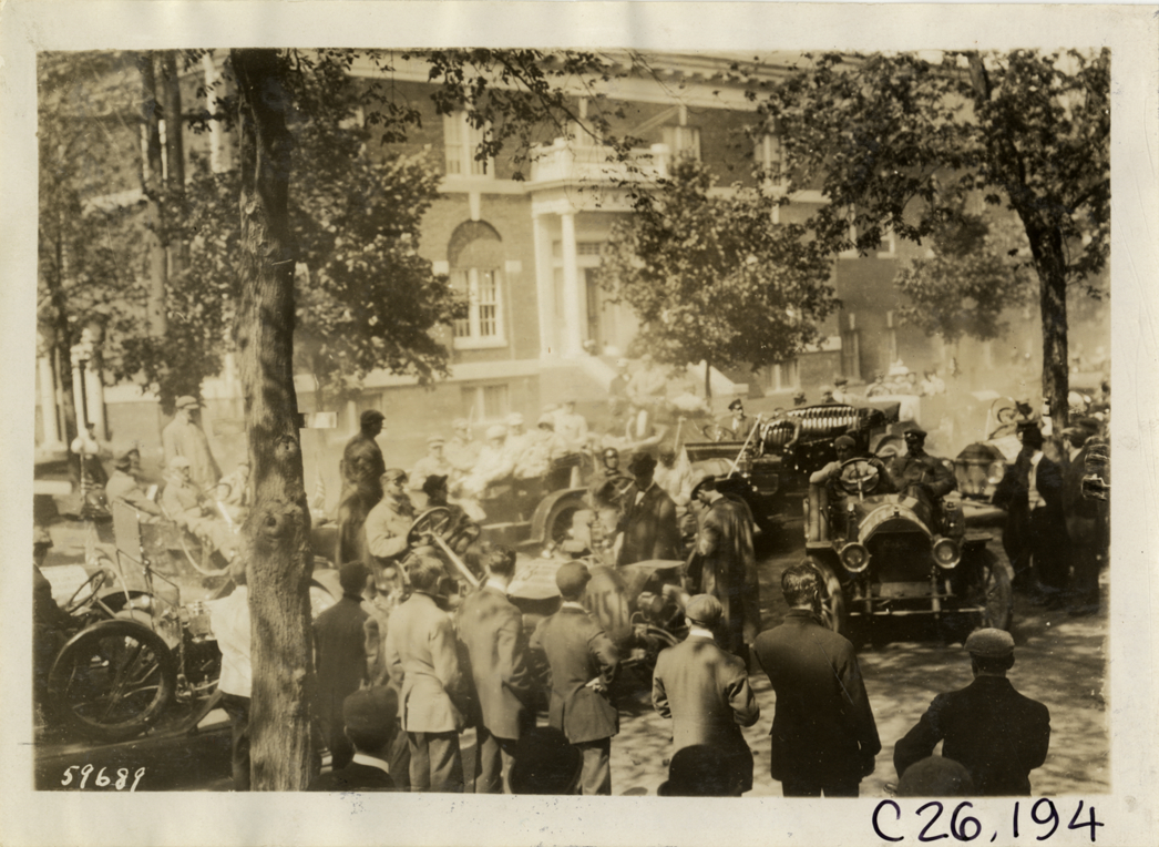 Motorists with automobiles in street, 1910 New Jersey Reliability Run