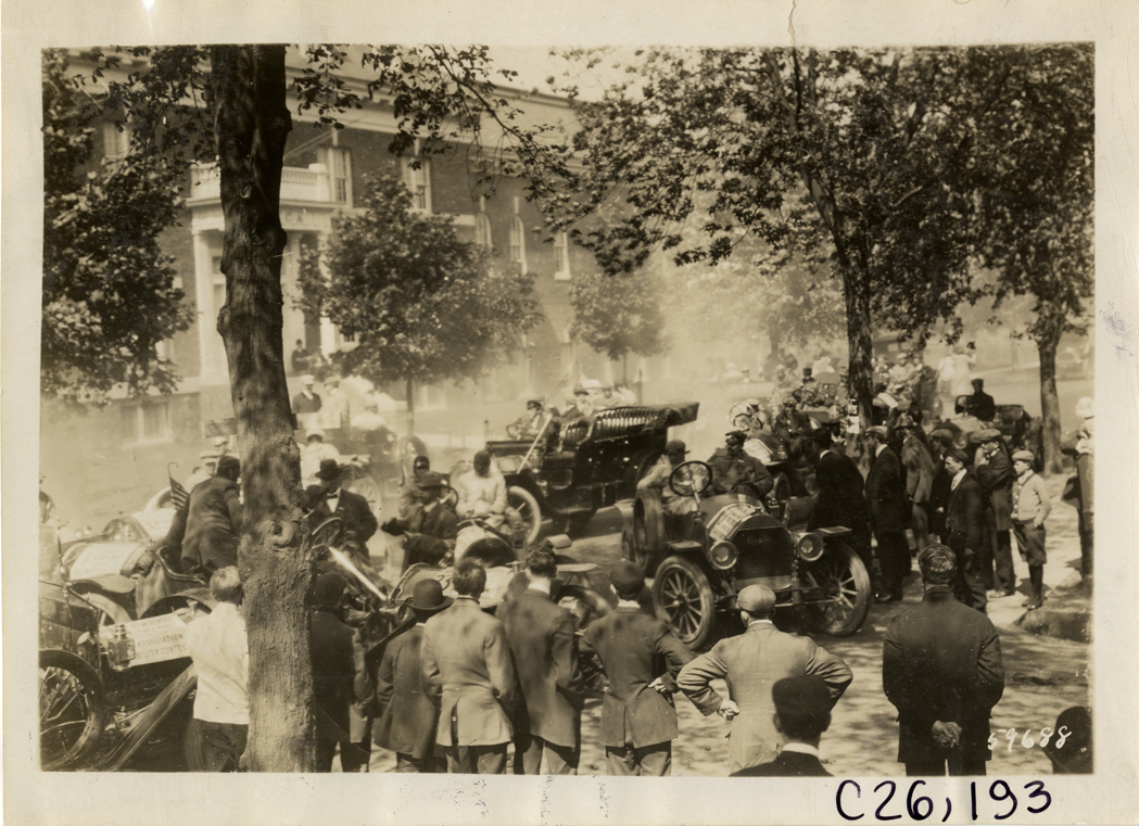 Motorists with automobiles in street, 1910 New Jersey Reliability Run