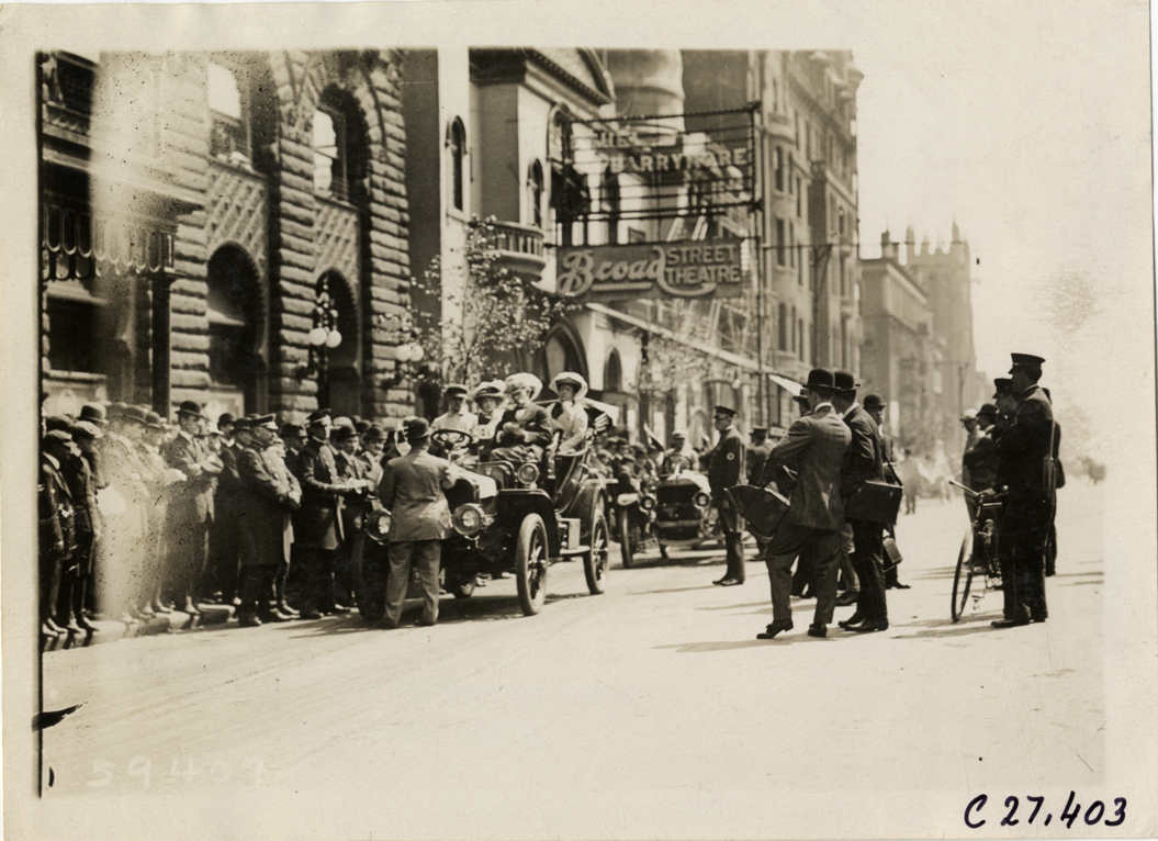 Motorists in automobile at Philadelphia, Pennsylvania, 1910 Quaker City Motor Club Roadability Run