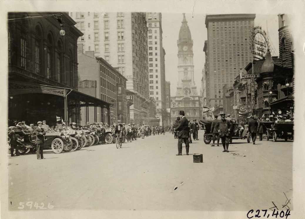 Automobiles lined up in street at Philadelphia, Pennsylvania, 1910 Quaker City Motor Club Roadability Run