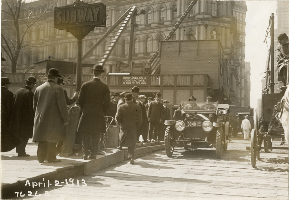 National automobile in front of subway station, New York, 1913 Overman tires 10,000 mile demonstration