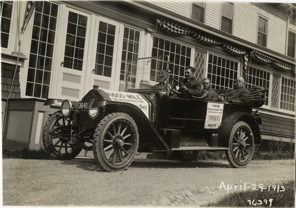 National automobile in front of Hall's hotel, 1913 Overman tires 10,000 mile demonstration