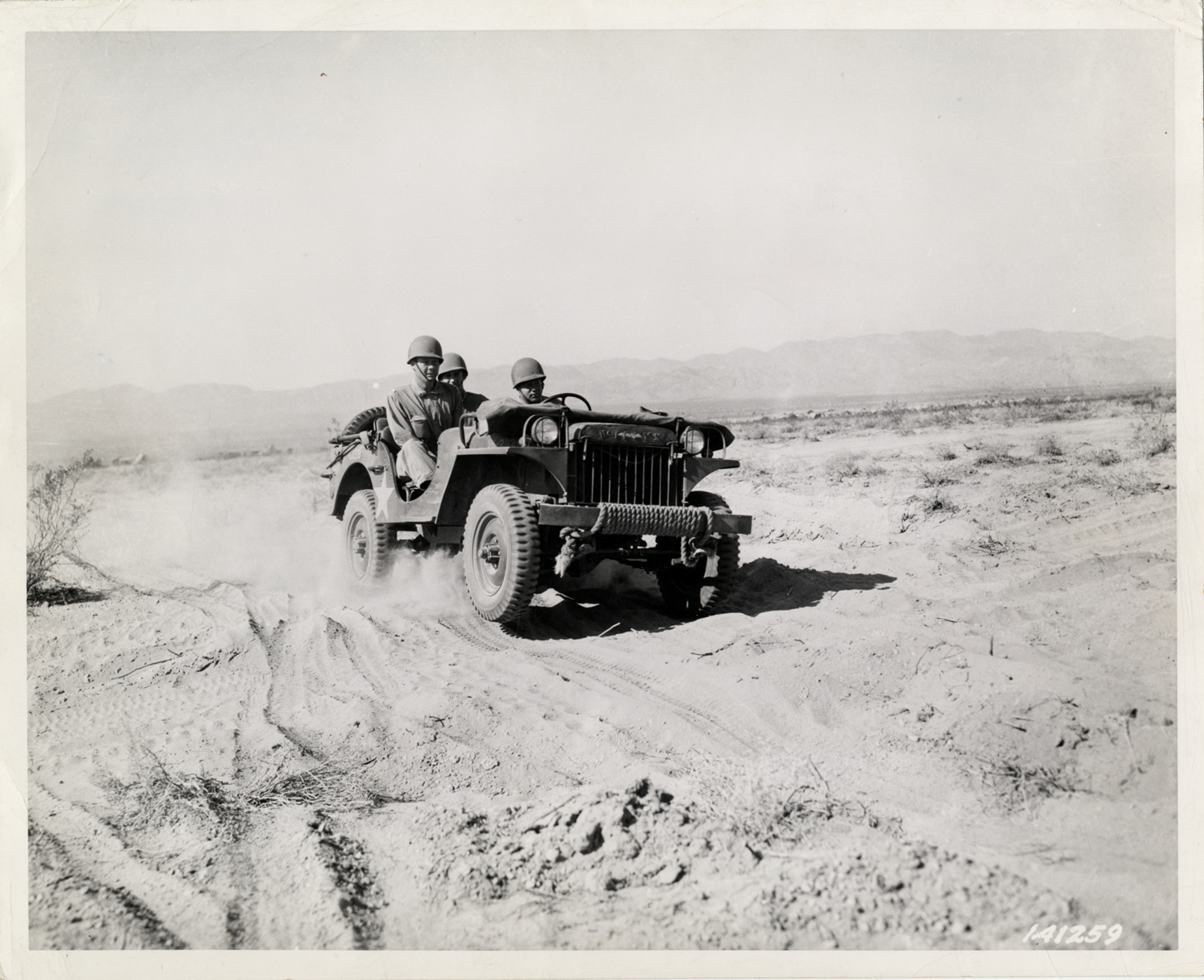 Soldiers in jeep, Desert Training Center, Indio, California