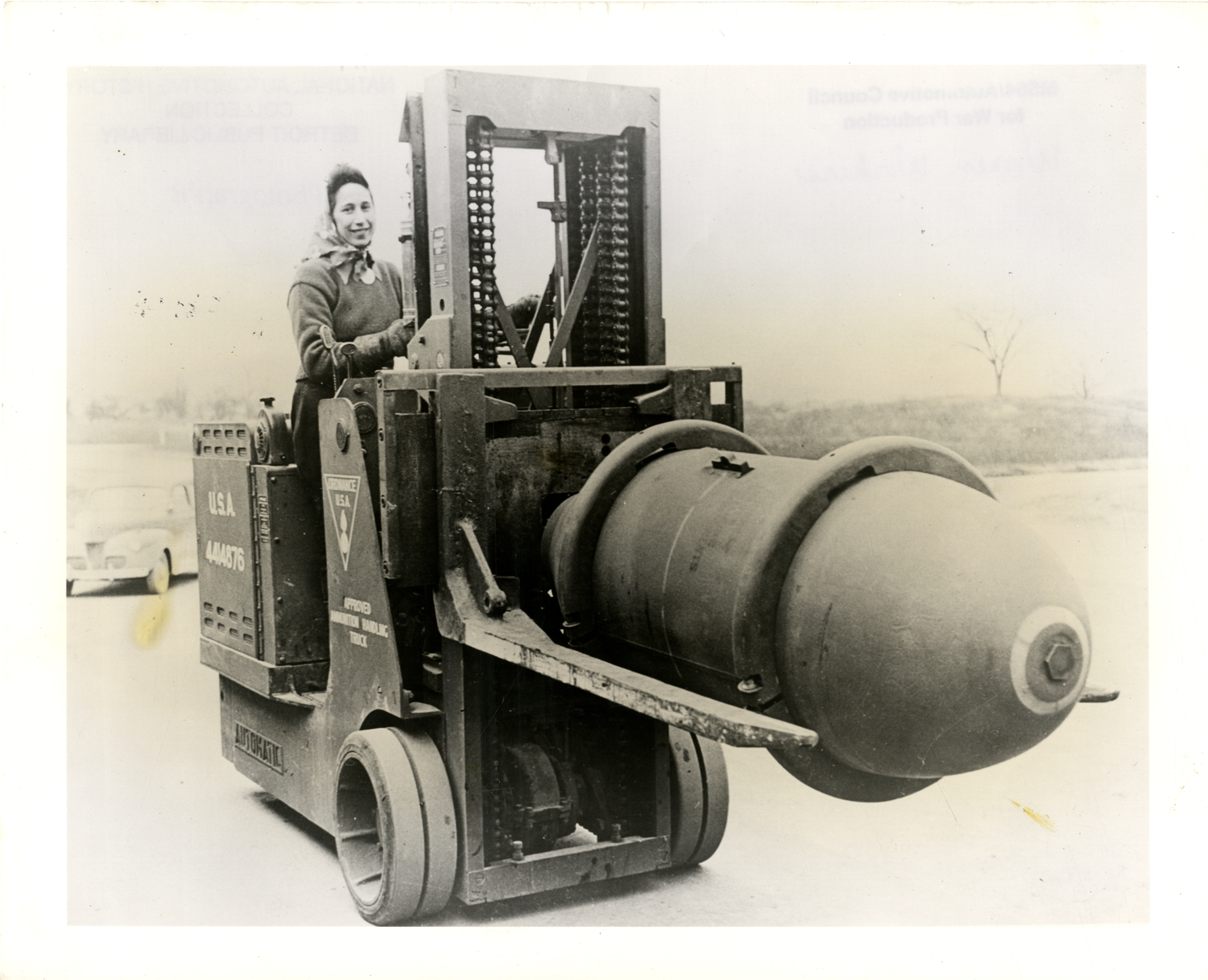 Louise Lincoln transporting bomb on fork lift