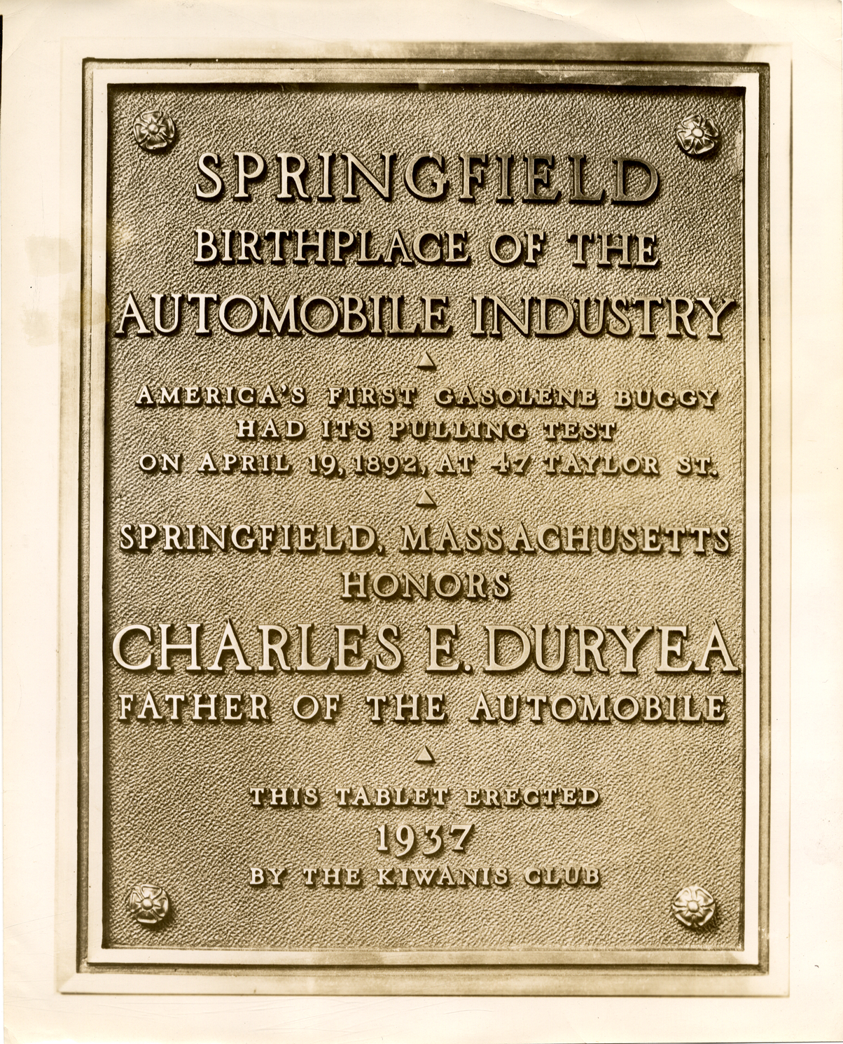 Tablet honoring Charles E. Duryea, Springfield, Massachusetts