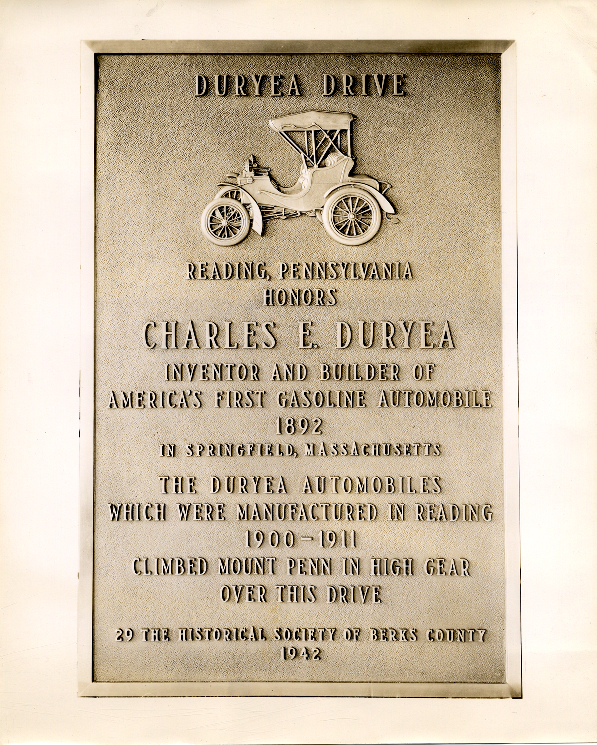 Tablet honoring Charles E. Duryea, Reading, Pennsylvania