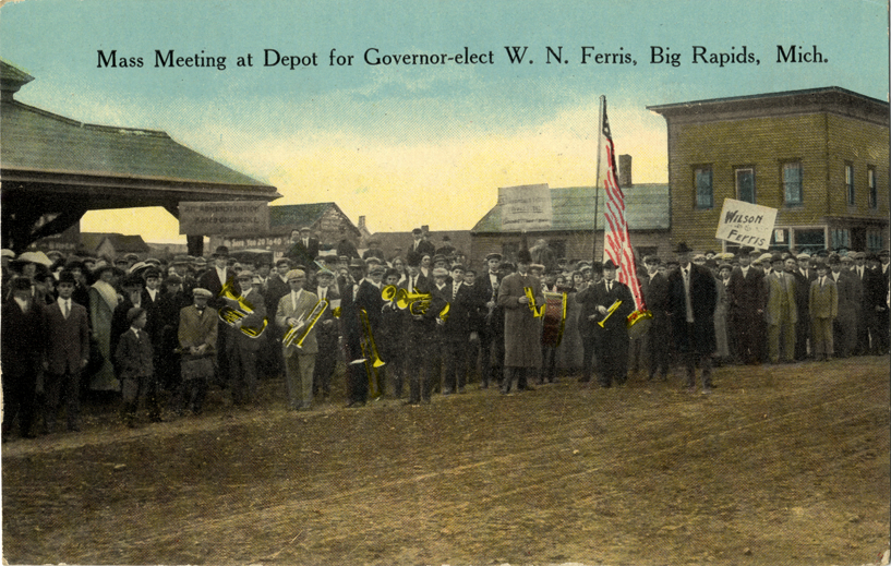 Meeting at train depot for Governor-elect W.N. Ferris, Big Rapids, Michigan