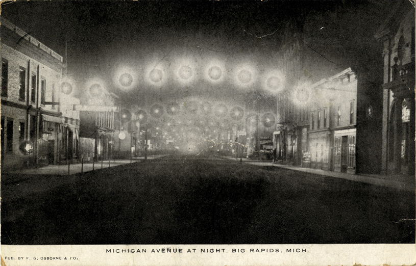 Michigan Avenue at night, Big Rapids, Michigan