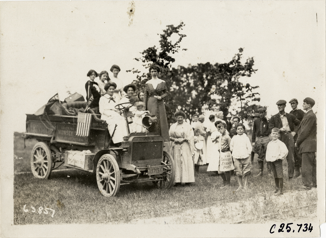 Women posing in Randolph truck, 1910 Munsey Historic Tour