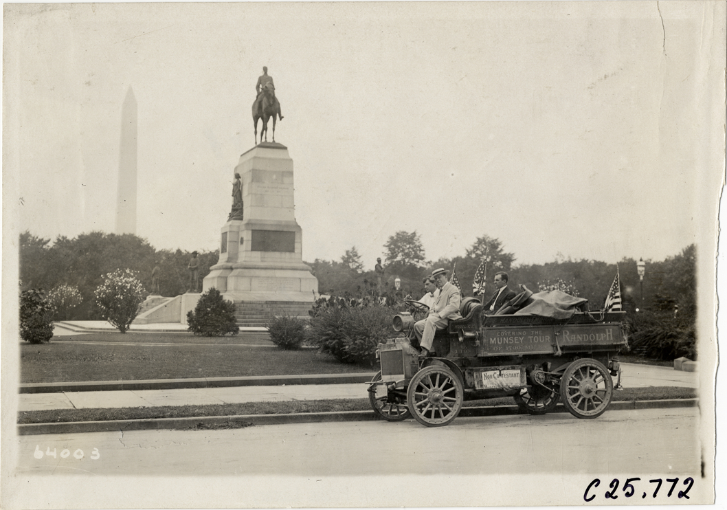 Randolph truck parked in front of General William Tecumseh Sherman monument, 1910 Munsey Historic Tour
