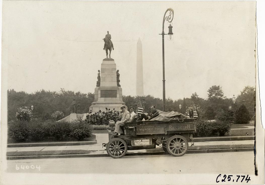Randolph truck parked in front of General William Tecumseh Sherman monument, 1910 Munsey Historic Tour