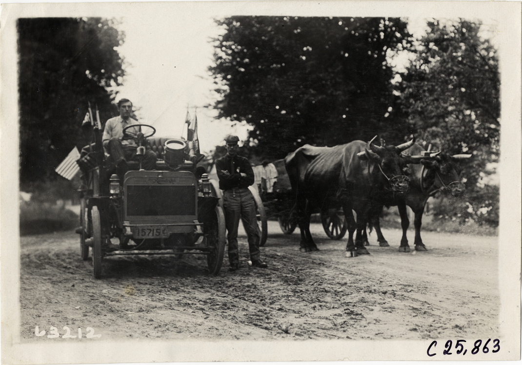 Randolph truck and ox-drawn wagon, 1910 Munsey Historic Tour
